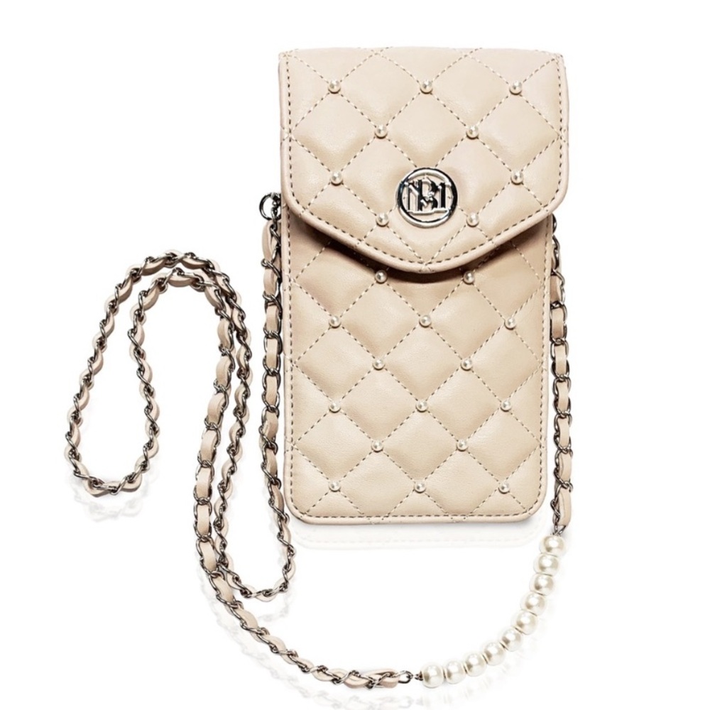 Badgley Mischka Quilted Pearl-Trim Crossbody Phone Pouch - Cream